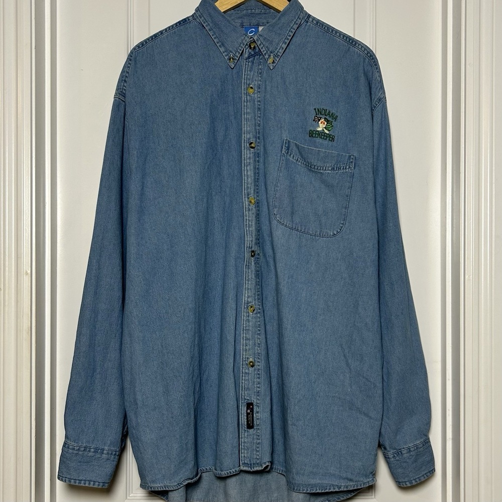 Port & Company Vintage Y2K Indiana Beekeeper Embroidered Denim Button Up Shirt